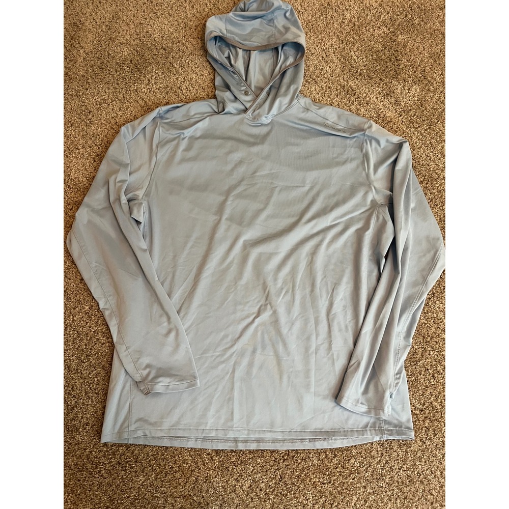 Simms Men Hoodie Large Light Blue SolarFlex Yellow Dog Flyfishing UPF 50 Graphic